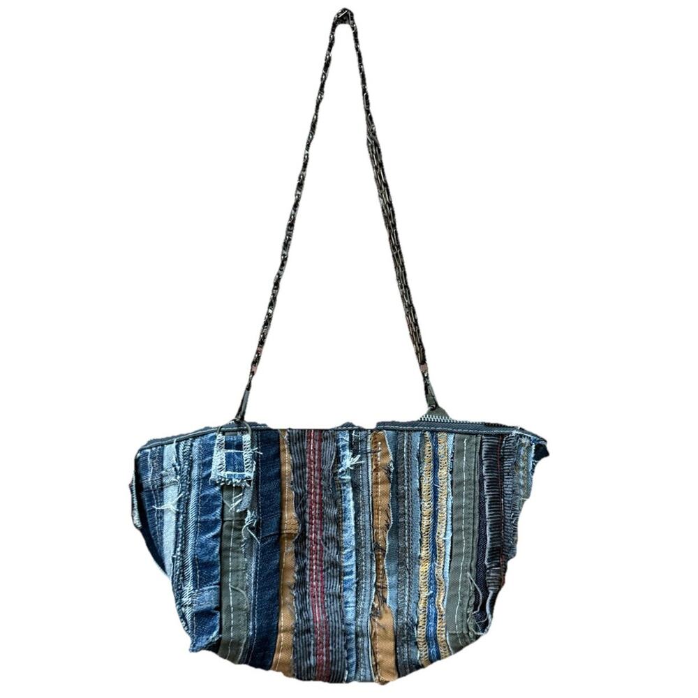 Upcycled Raw Edge Denim Scrap Crossbody Handbag Handmade‎ Chain Boho Chic Hippy